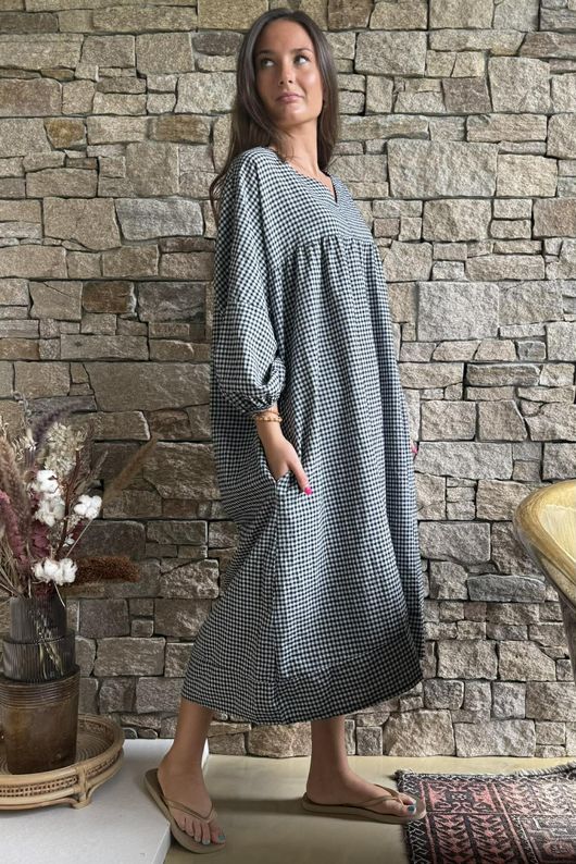 Arbi Gingham Artist Peasant Dress Black